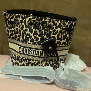 Dior Black and Tan Leopard Print Bucket Bag